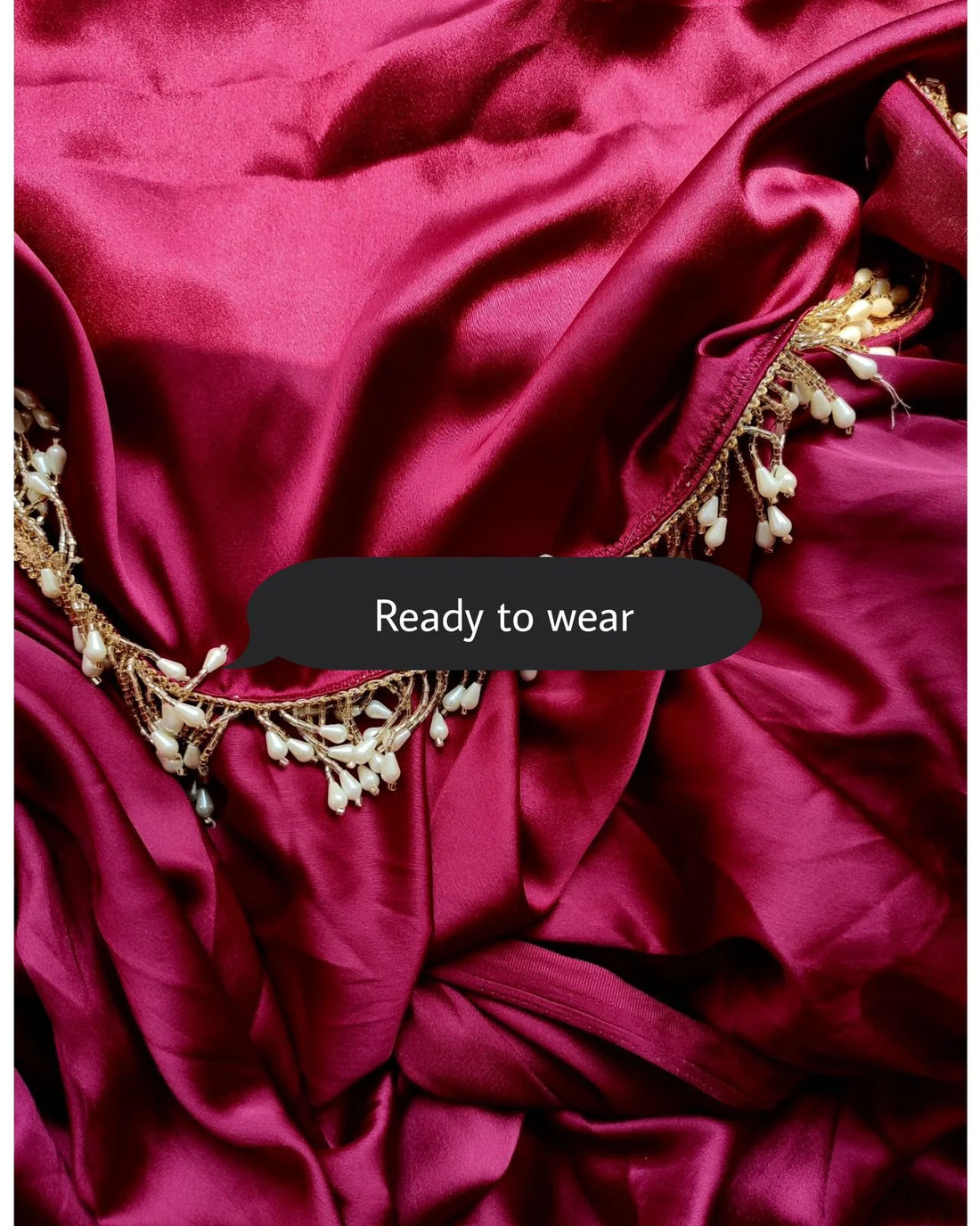 1-MIN READY TO WEAR Cherry wine satin silk saree with handmade tassels on pallu