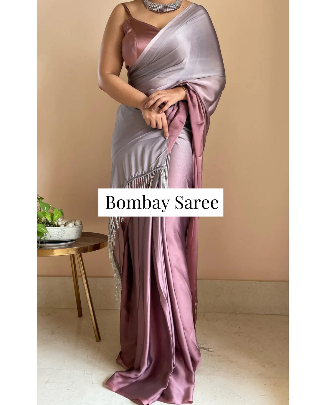 Grey-Rose Gold Ombre Satin Saree with Handmade Tassels on Pallu