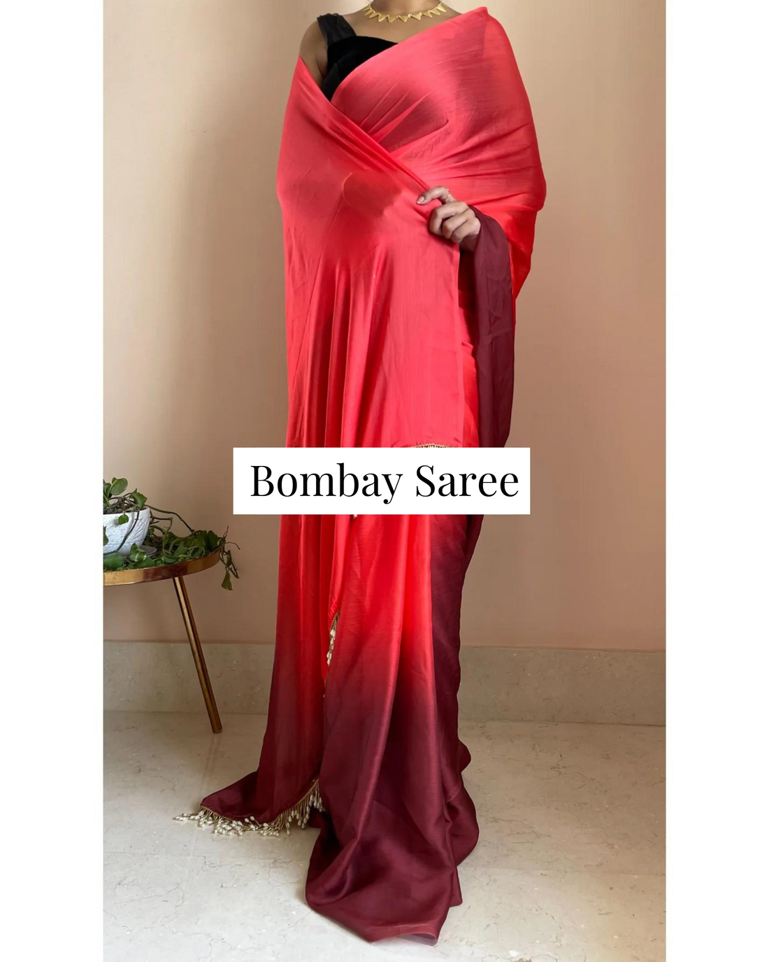 Vermillion Ombre Satin Saree with Handmade Tassels on Pallu