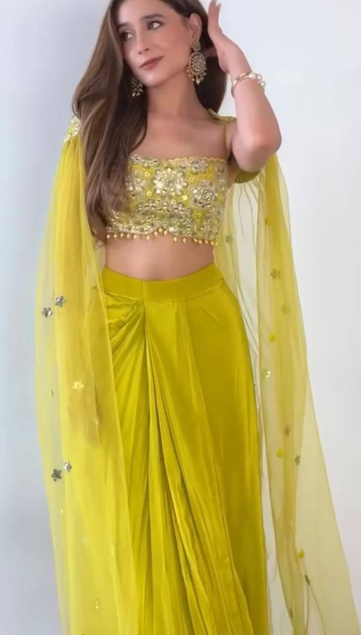 Vibrant Citrus Green Draped Skirt & Embroidered Blouse Set with Mirror Work