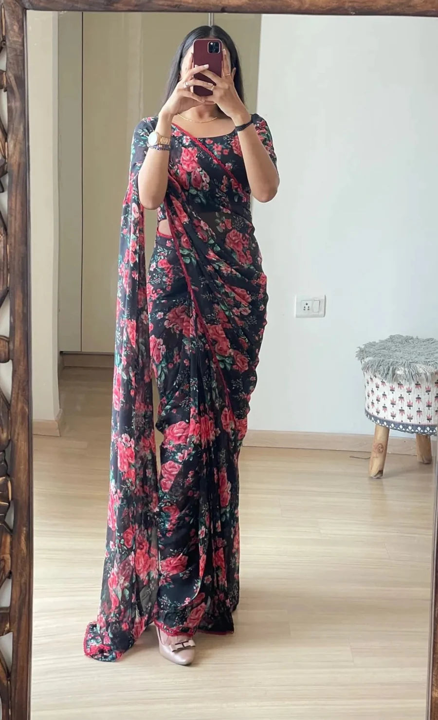 1 MIN READY TO WEAR SAREE IN IMPORTED BUTTI CHIFFON WITH HEAVY BLOUSE