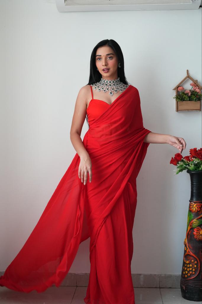 1-Min Ready To Wear Saree In Premium georgette Red