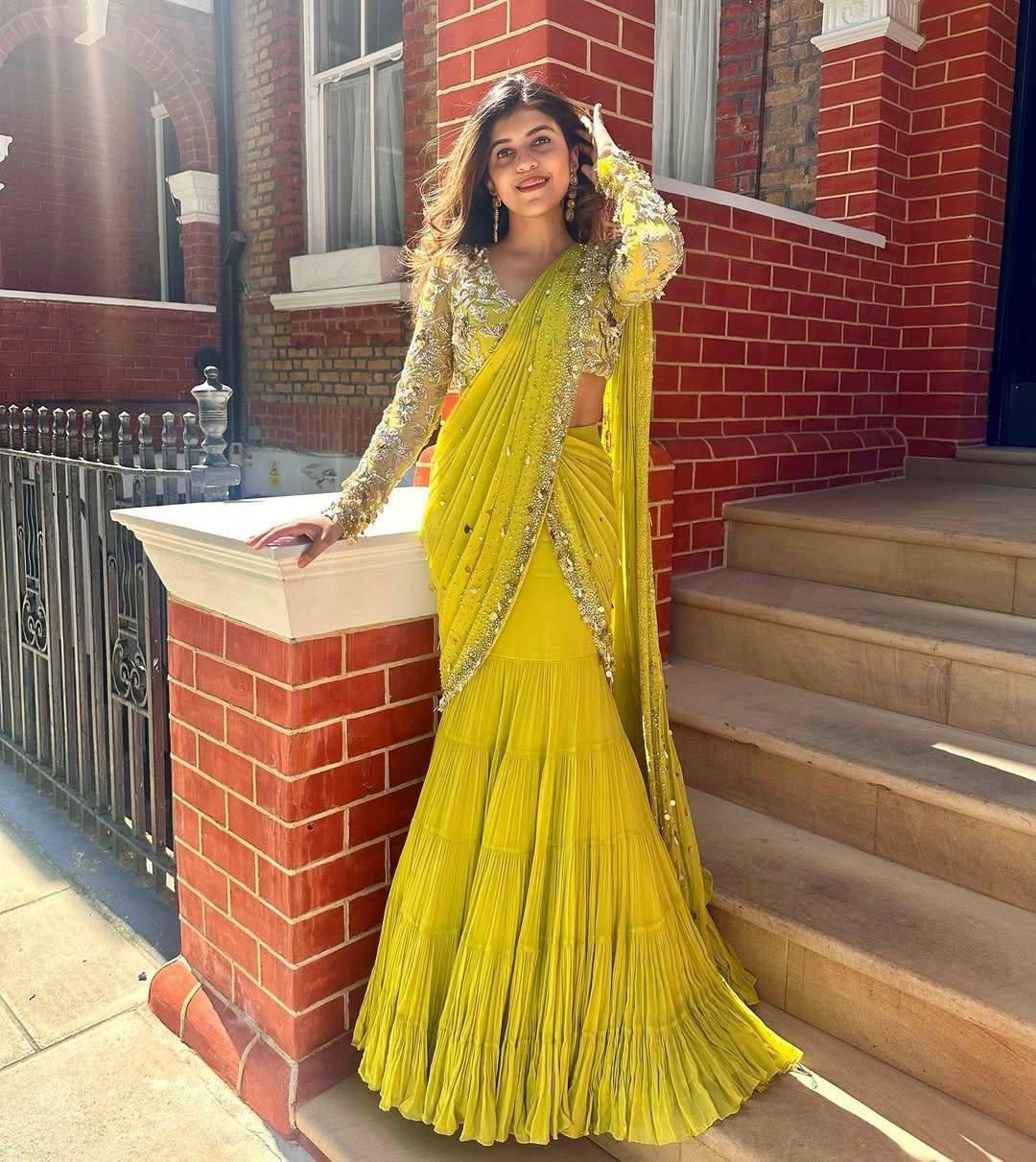 "Complete look of the Ready to Wear Lehenga Saree with intricate thread and sequence detailing on the choli."
