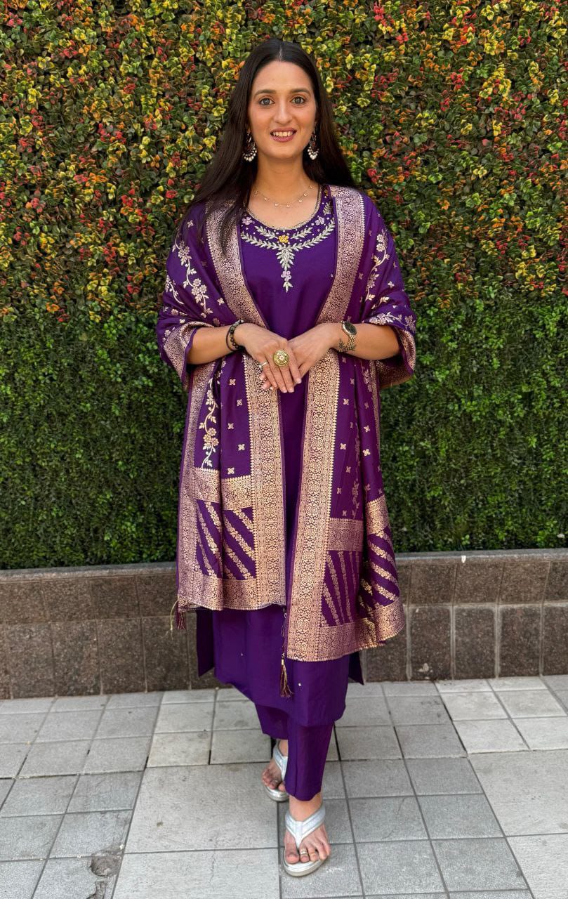 "Premium Purple Roman Silk Suit with Handwork & Nylon Muslin Dupatta"