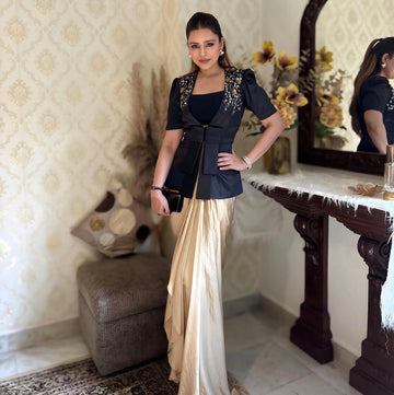 Classic Black Blazer with Golden Draped Dhoti Skirt
