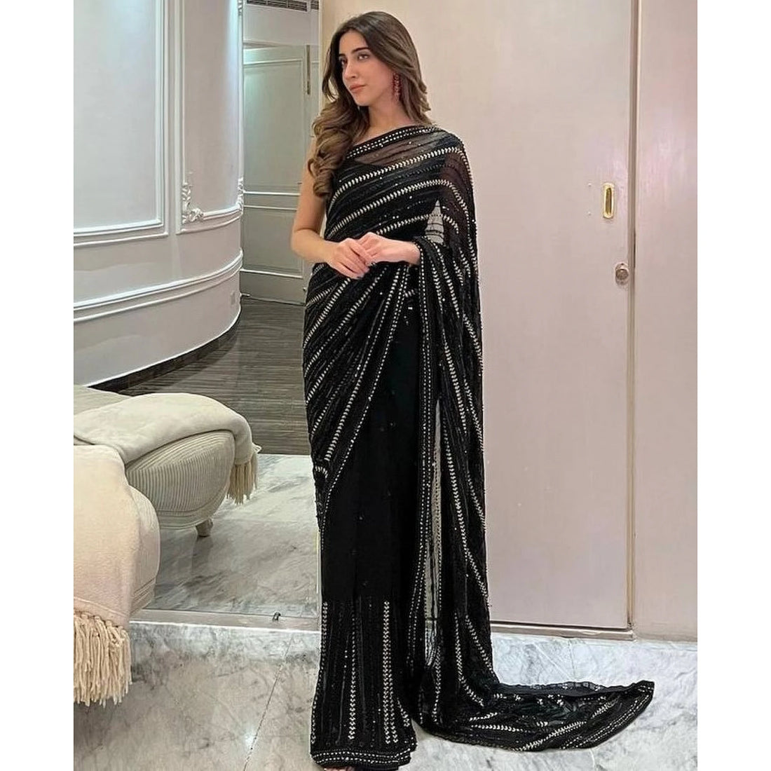 Premium Black Designer Saree With Sequence Embroidery Work