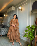 Stunning Brown Alia Cut Anarkali gown set featuring intricate embroidery and elegant design.