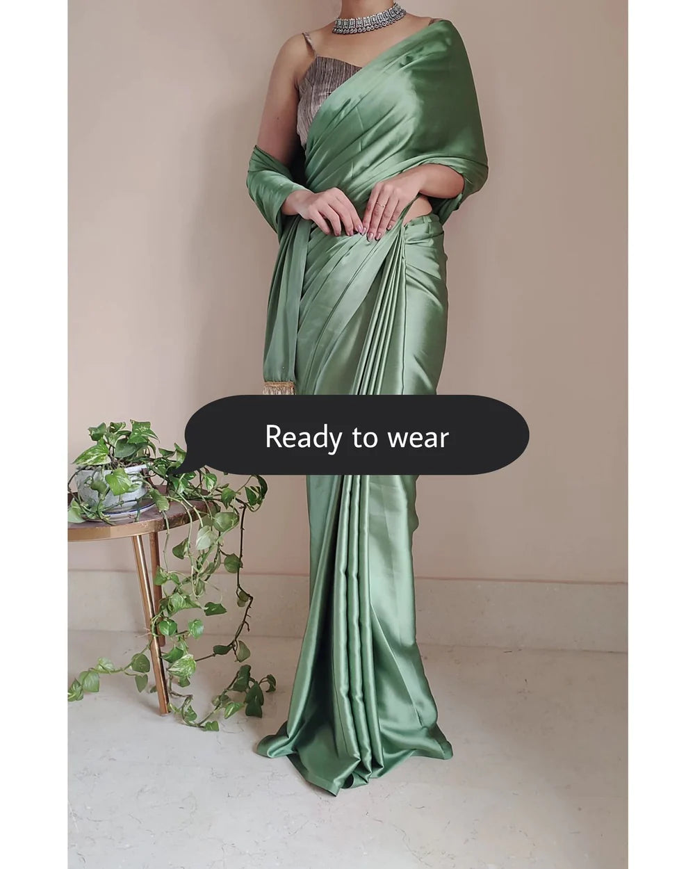 1-MIN READY TO WEAR Moss Green Satin Silk Saree With Handmade Tassels On Pallu