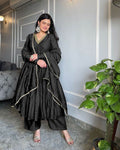 Black Alia Cut Anarkali gown with delicate embroidery and matching plazzo with elastic waistband.