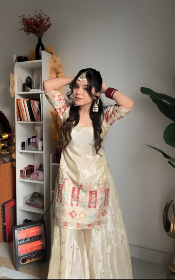 Premium Heavy Embroidery Chinon Silk Top with Gharara Setu