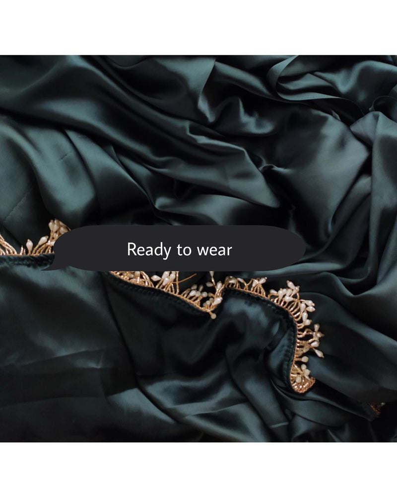 1-MIN READY TO WEAR Dark  Green Satin Silk Saree With Handmade Tassels On Pallu