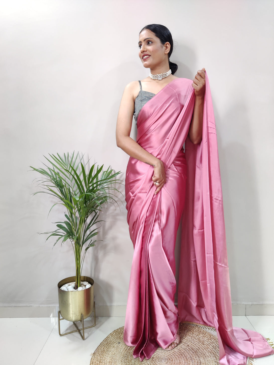1-MIN READY TO WEAR SAREE IN DUSTY ROSE PREMIUM SATIN SILK