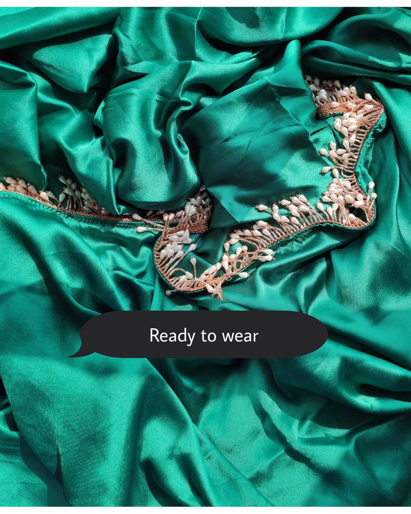 1-MIN READY TO WEAR Jade Green Satin Silk Saree With Handmade Tassels On Pallu