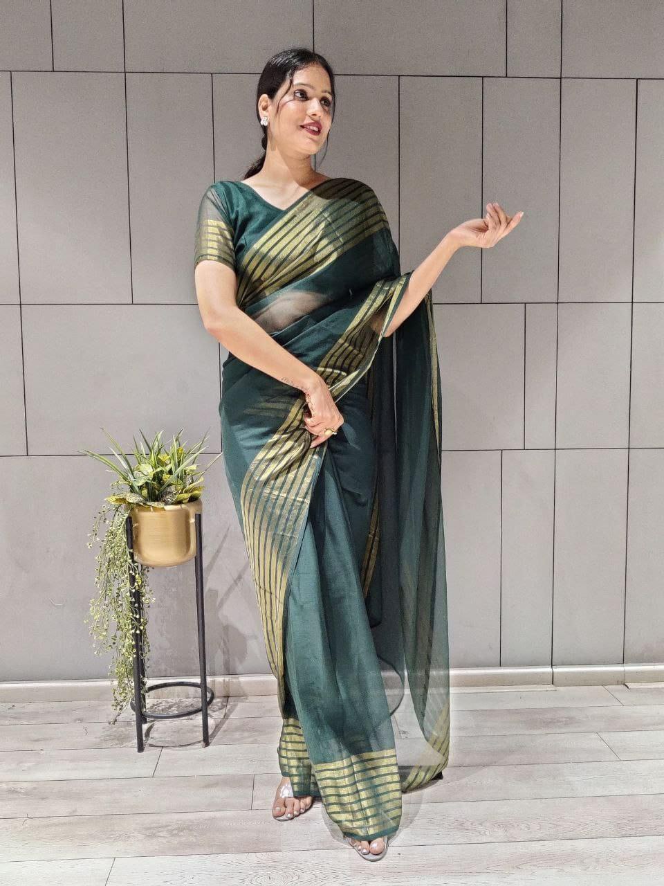 1-MIN READY TO WEAR GREEN SAREE IN PREMIUM CHIFFON SILK WITH ZARI PATTA