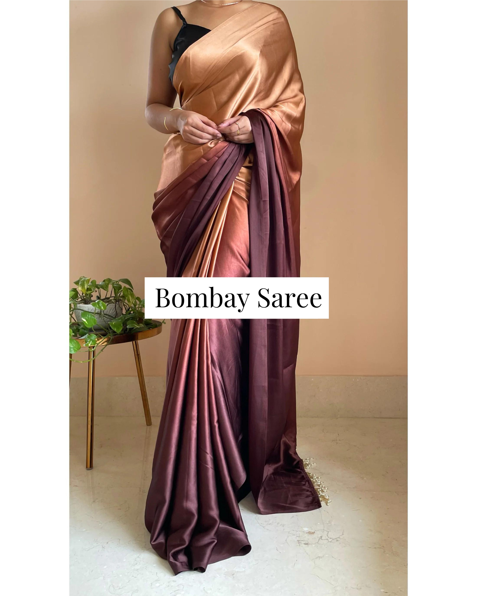 Coffee Eclair Ombre Satin Saree with Handmade Tassels on Pallu