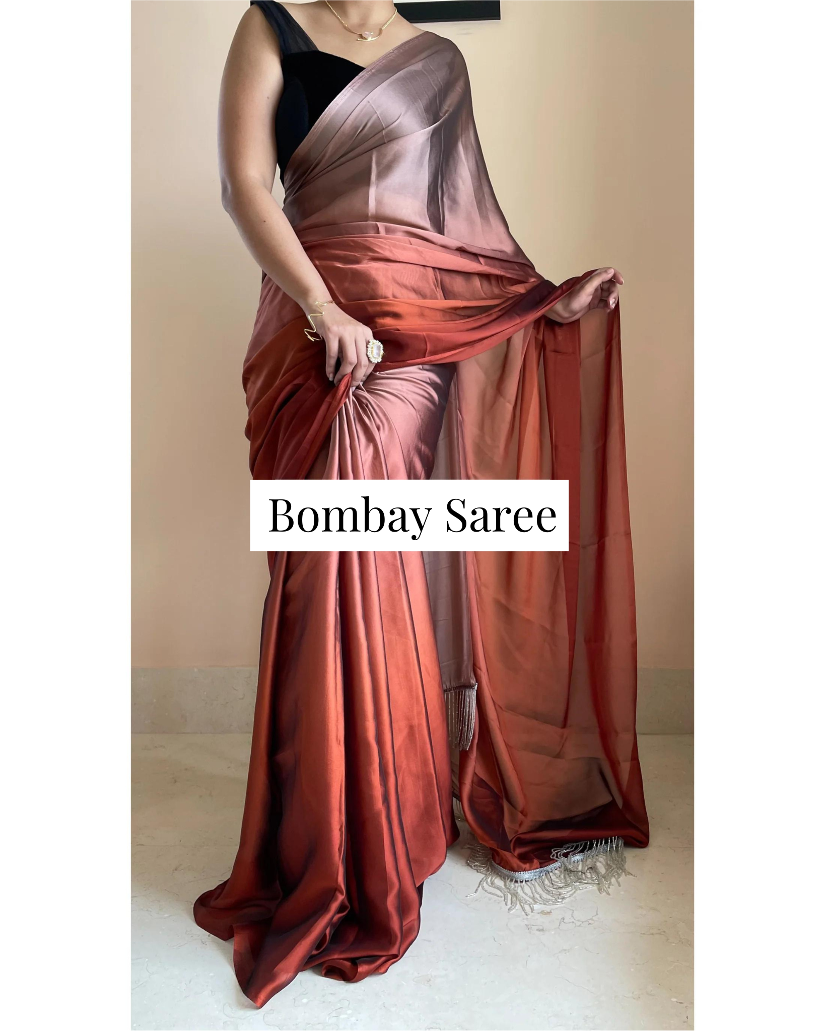 Brown Ombre Satin Saree with Handmade Tassels on Pallu