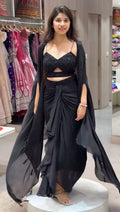 Full view of dhoti style outfit with embroidered shrug
