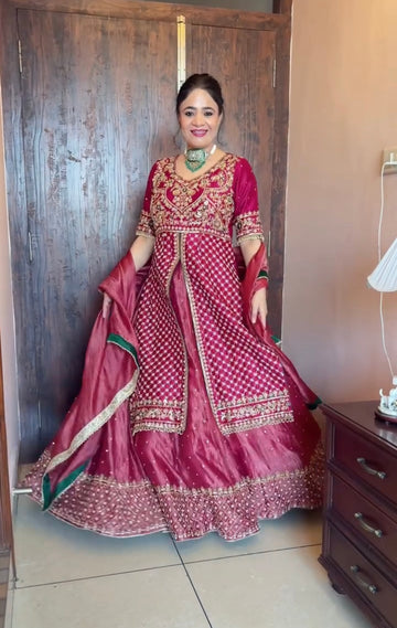 Chinon Silk Embroidered Crop Top Lehenga Set