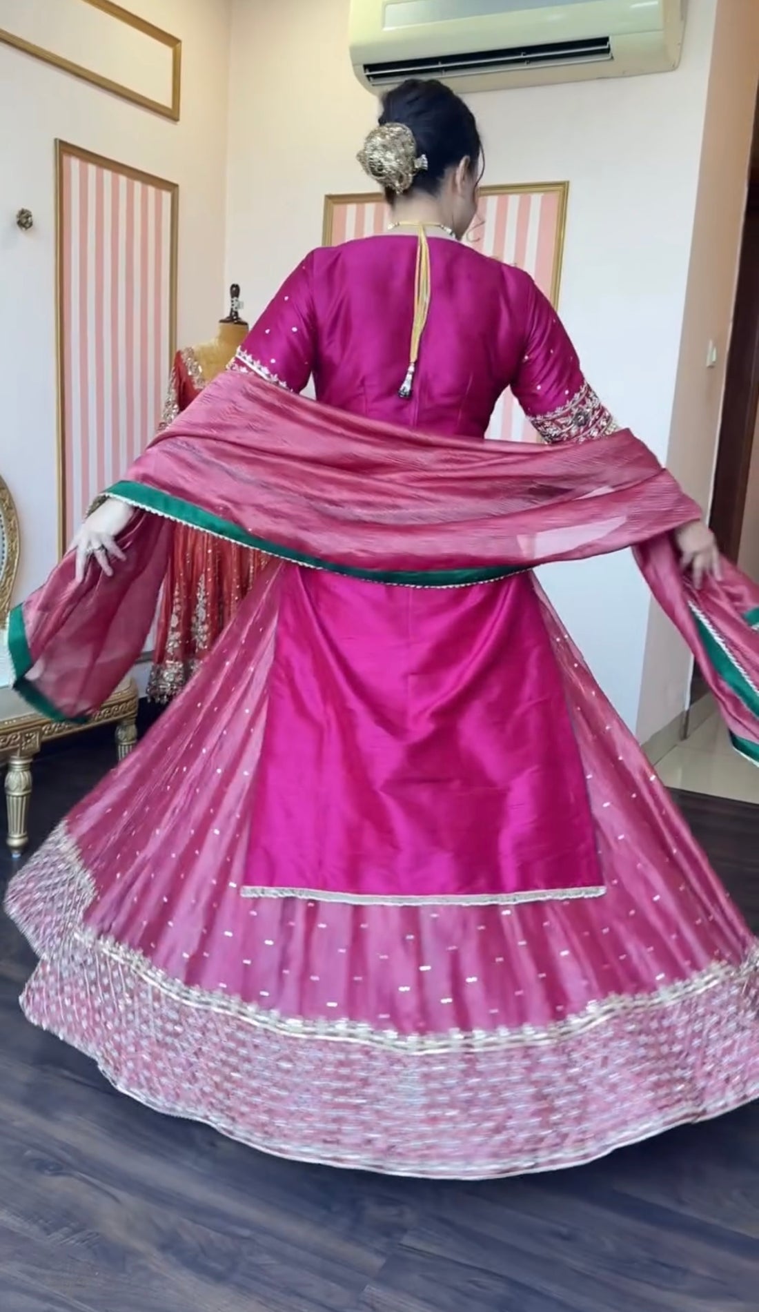 Chinon Silk Embroidered Crop Top Lehenga Set