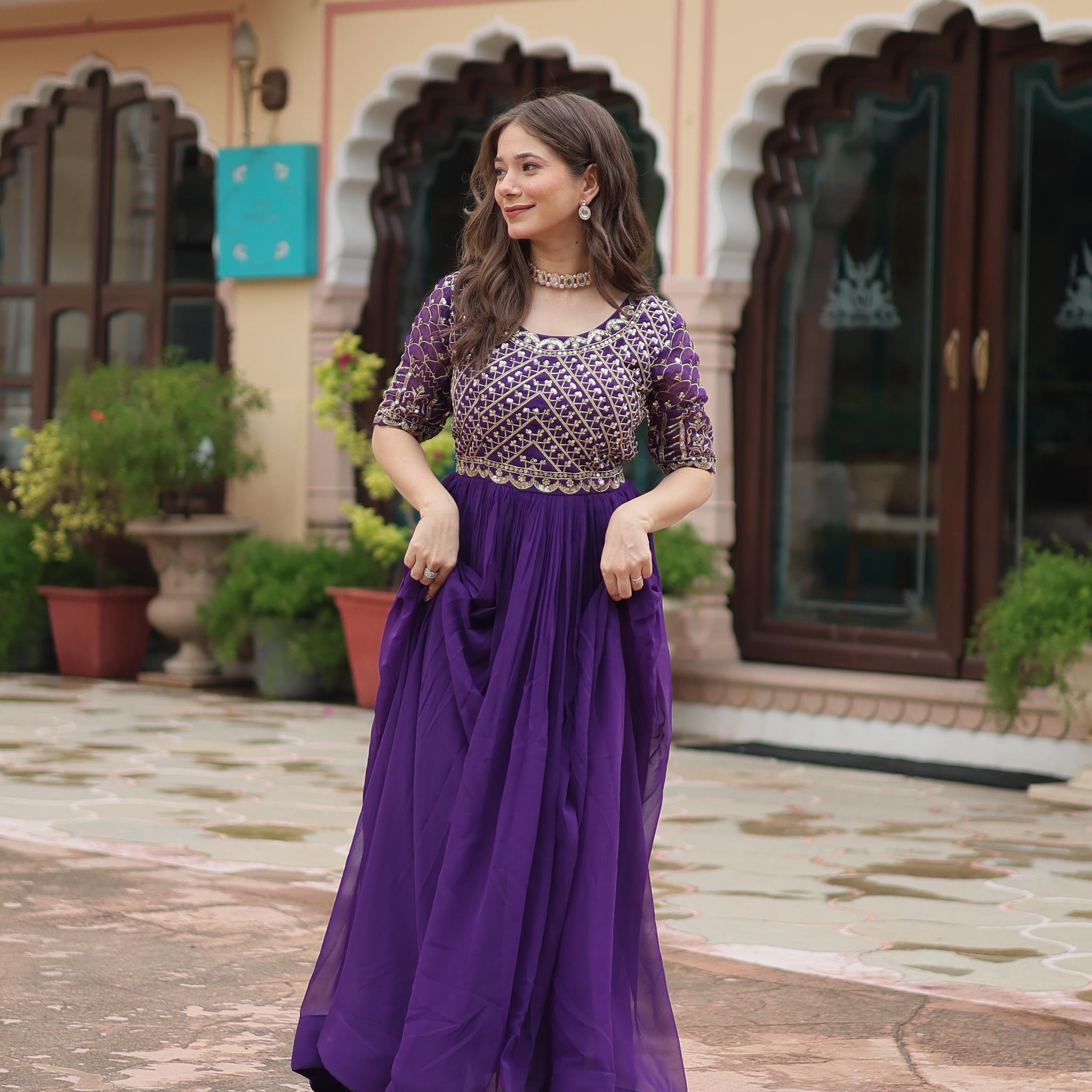 PINK AND PURPLE COLOUR DESIGNER READYMADE GOWN
