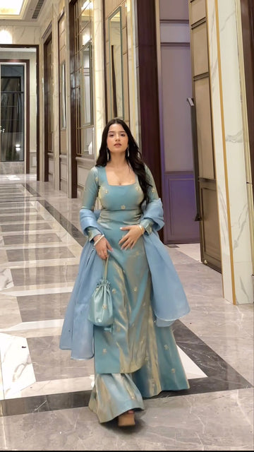 Sky Blue Designer Fandy Silk Plazo Set with Sequins Work & Dupatta