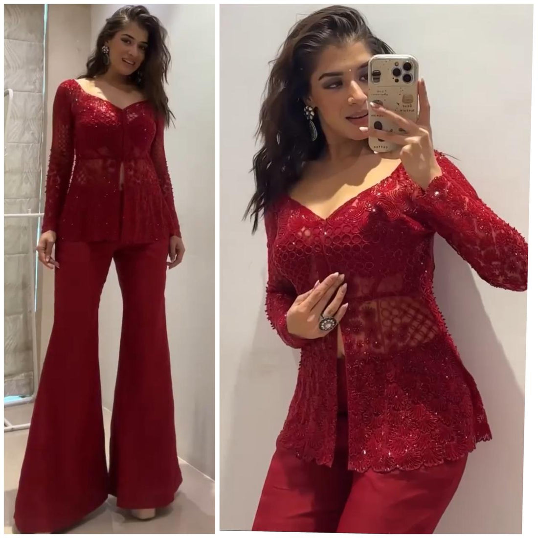 3-Piece Faux Georgette Embroidered Dress Set | Butterfly Net Top & Sequins Palazzo