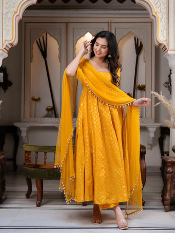 Marigold Yellow Banarasi Anarkali Suit Set