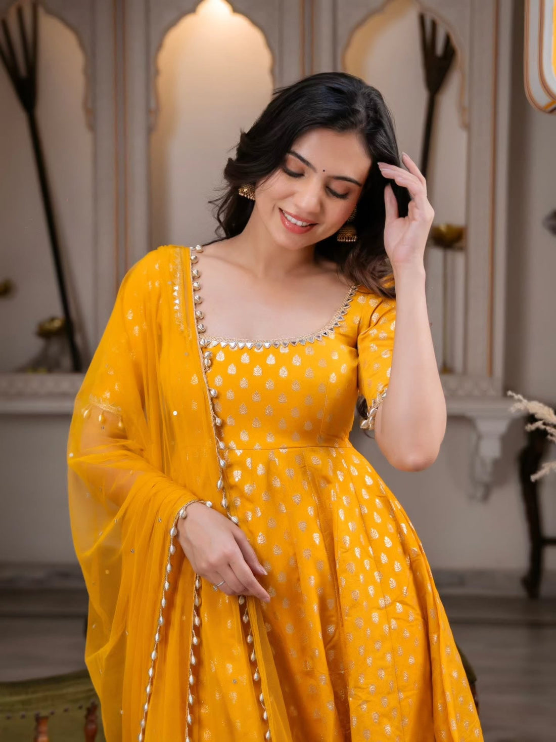 Marigold Yellow Banarasi Anarkali Suit Set