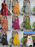 Luxurious Pur Chinon Silk Anarkali gown with delicate embroidery, matching plazzo, and dupatta set.
