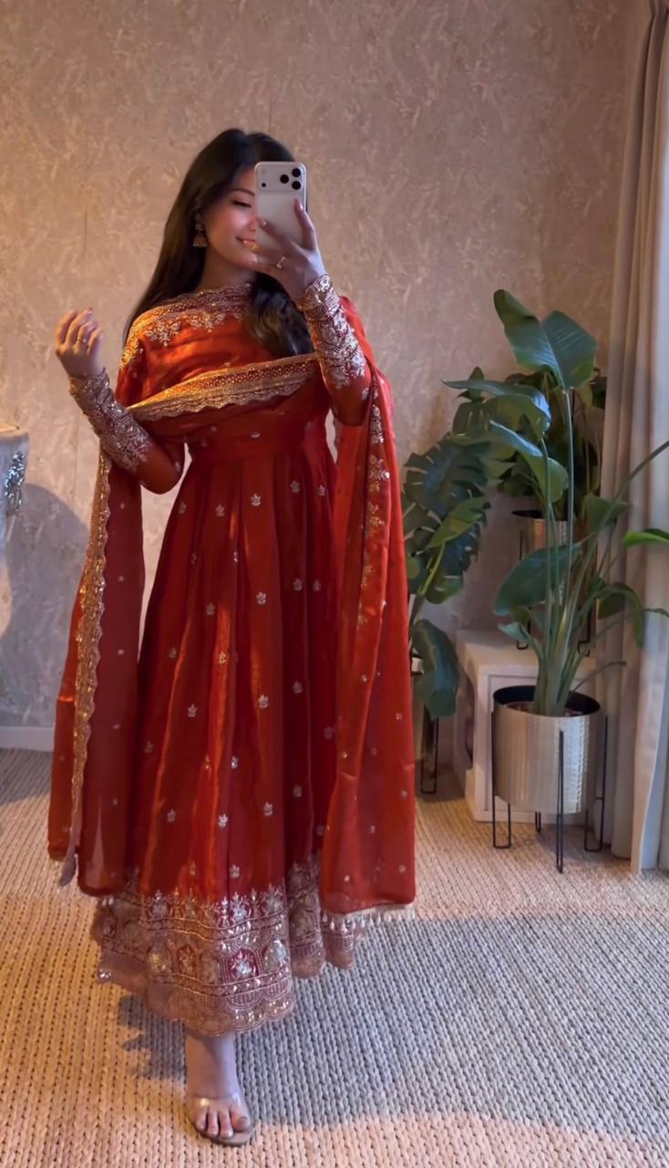 Luxury Fendy Silk Embroidered Sequin Gown Set with Elegant Dupatta