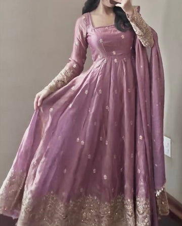 Luxury Fendy Silk Embroidered Sequin Gown Set with Elegant Dupatta