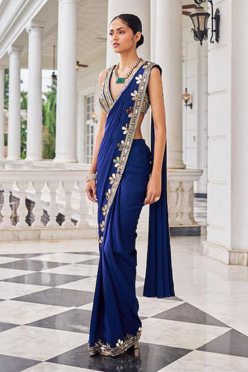 Royal Blue Embellished Saree with Mirror Work Border