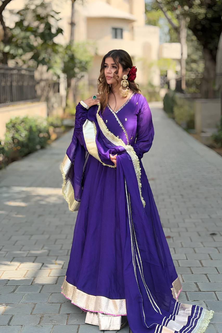 Premium Blooming Fabric Zari Embroidered Purple Anarkali Sharara Set