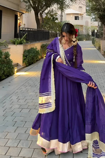 Premium Blooming Fabric Zari Embroidered Purple Anarkali Sharara Set