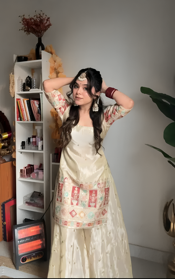 Premium Heavy Embroidery Chinon Silk Top with Gharara Setu