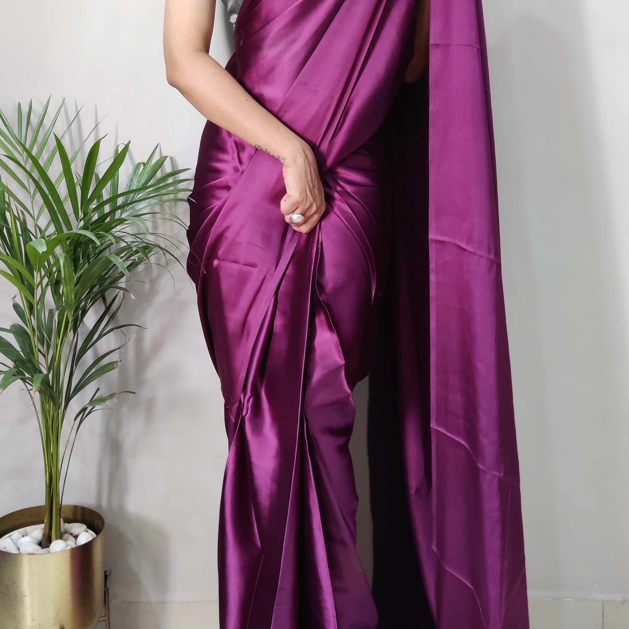 1-MIN READY TO WEAR SAREE IN DARK WINE PREMIUM SATIN SILK