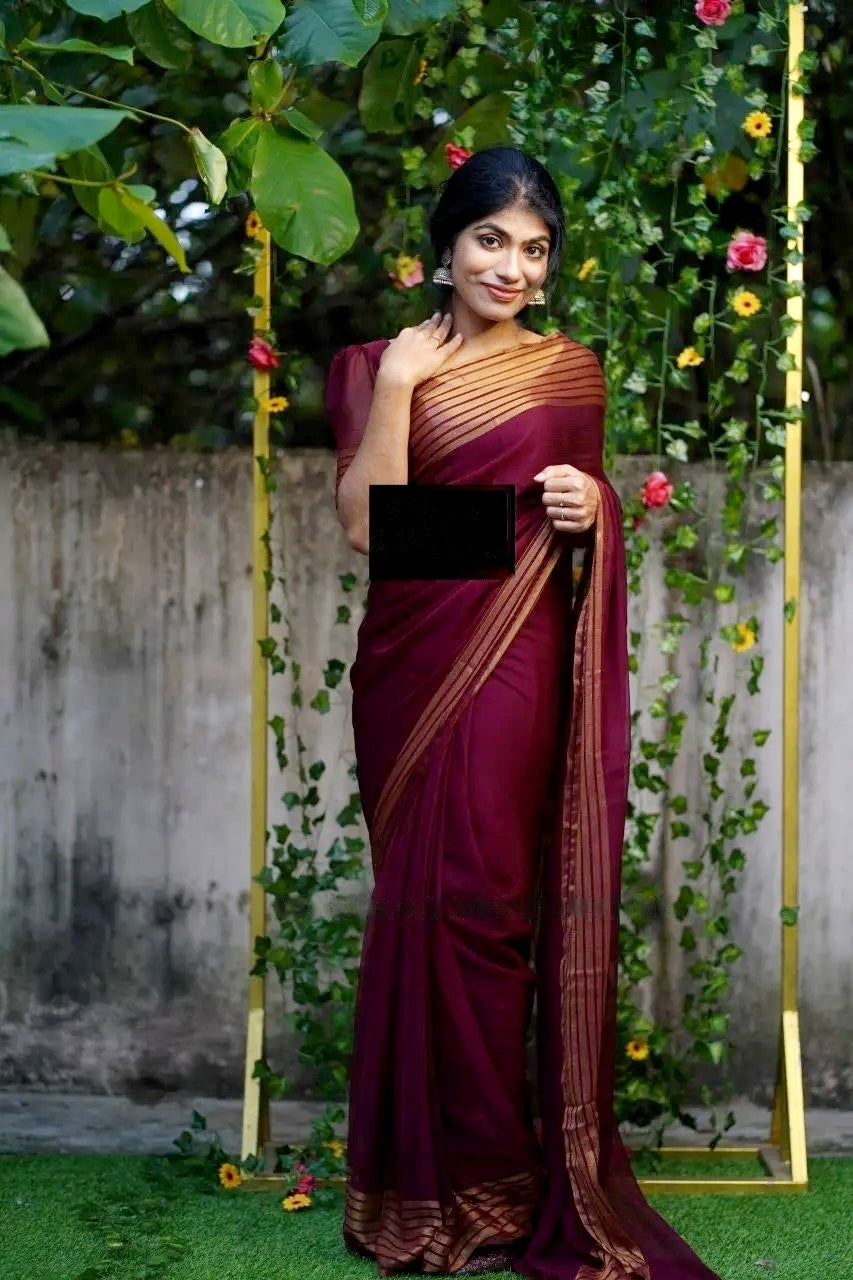 1-MIN READY TO WEAR WINE SAREE IN PREMIUM CHIFFON SILK WITH ZARI PATTA